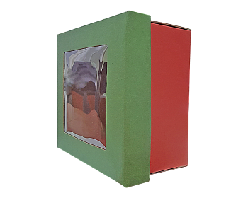 Подарочная коробка красная с зелёной крышкой с прозрачным окном